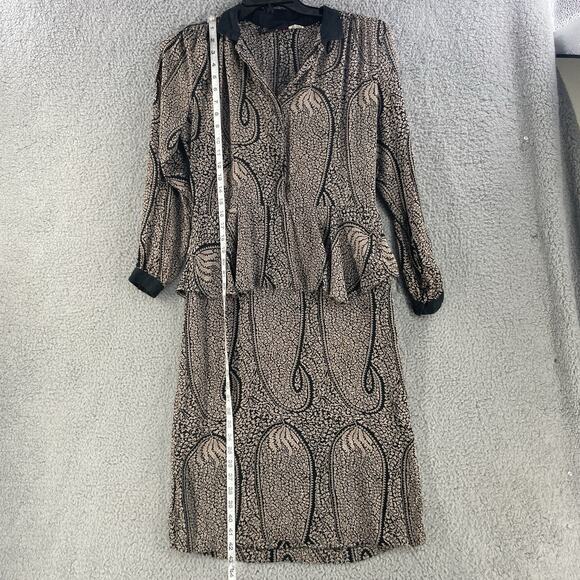 Vtg Saint Romei Womens Dress Silk Sz 10 Peplum 1980s Black Tan - Picture 3 of 14